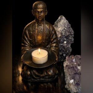 Solid Bronze Temple Monk Candle Holder | Meditation Altar Decor Zen Peace Statue